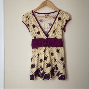 Dolled Up by F.A.N.G. Babydoll Belted Top, Cream/Purple Flower, Cap Sleeve,Jrs L